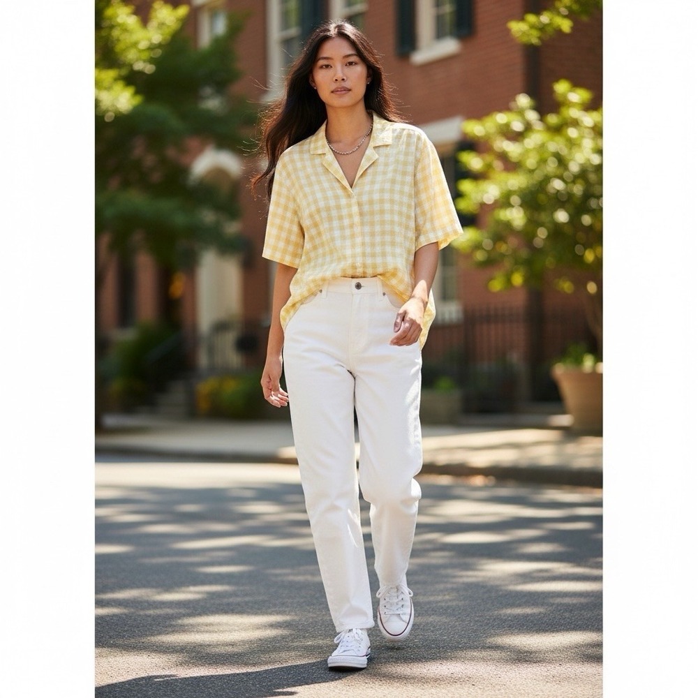 Madewell Cotton Linen Boxy Camp Shirt Gingham Check Crisp Pear Yellow Small